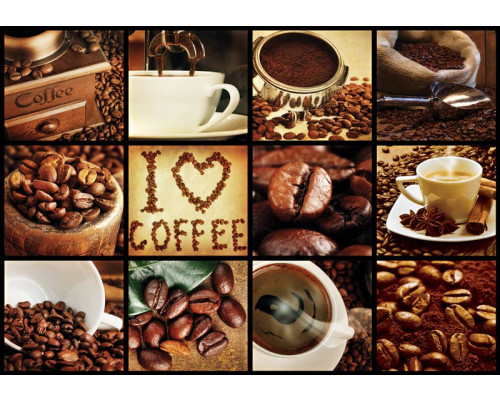 I love coffee-collage met koffiebonen en cappuccino, perfect op fotobehang.
