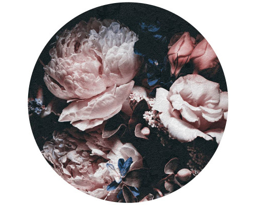 Bloemenboeket in levendige kleuren, gedetailleerd weergegeven op een ronde behangcirkel voor een elegant accent.