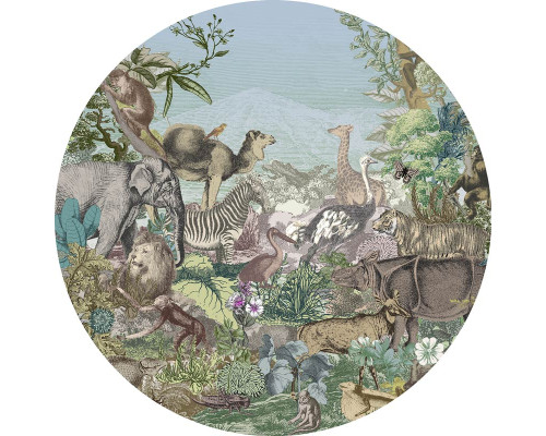 Diverse dieren in een dierenrijk, perfect voor een kinderkamer op een muurcirkel.
