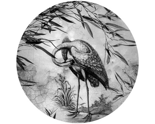 Zwart-wit afbeelding van een kraanvogel, minimalistisch en stijlvol op een muurcirkel.