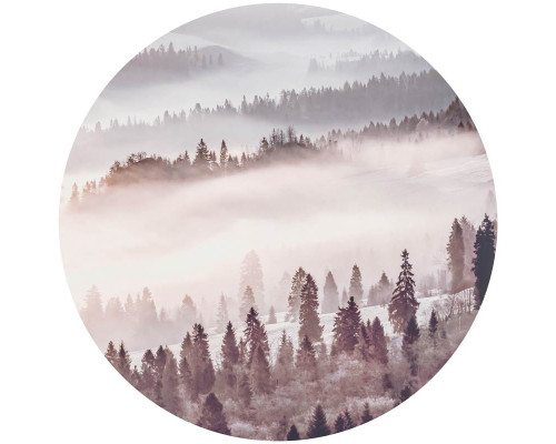 Mistig bos met bomen die verdwijnen in de nevel op een muurcirkel.