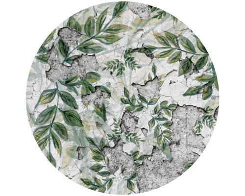Planten en bloemen op een betonnen muur afgebeeld op een behangcirkel, met een industrieel en artistiek gevoel.