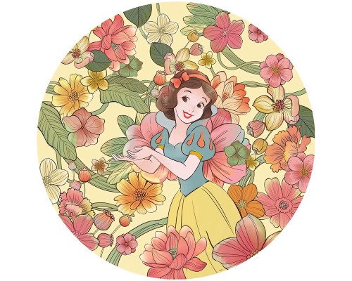 Behangcirkel van Sneeuwwitje in een zomerse bloemenweide, met eindeloze kleurrijke bloemen en een zonnige sfeer.
