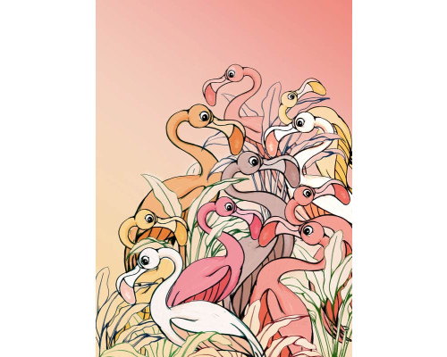Fotobehang met felgekleurde flamingo's, perfect voor een kinderkamer met een exotisch thema.