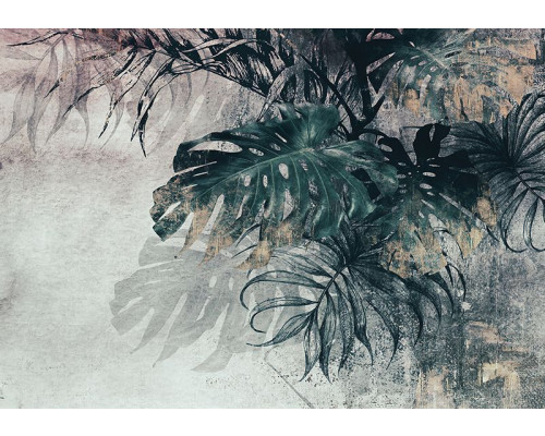 Fotobehang, 3D Monstera Palm Bladeren Beton