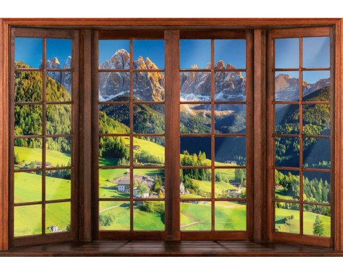 Fotobehang van een 3D-raamzicht op de Alpen, met een weids uitzicht op bergen en landschap.