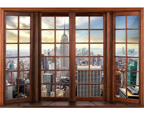 Fotobehang van een 3D-raamzicht op de skyline van New York, met wolkenkrabbers en de stad.