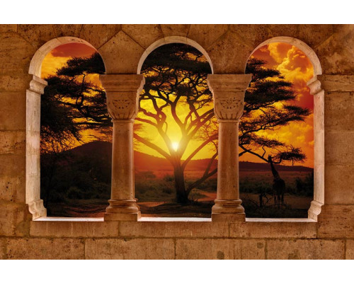 Fotobehang van een 3D uitzicht op een Afrikaans landschap met pilaren, in een exotische sfeer.