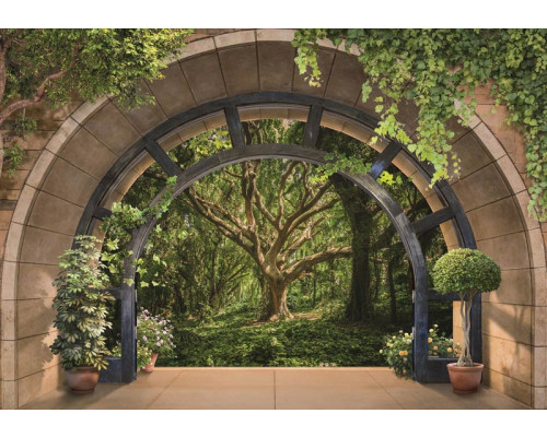 Fotobehang van een 3D uitzicht op een dromerige boom in een bos, voor een fantasierijke sfeer.