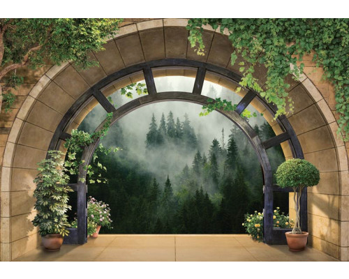 Fotobehang van een 3D uitzicht op een mistig bos, met een mysterieuze uitstraling.