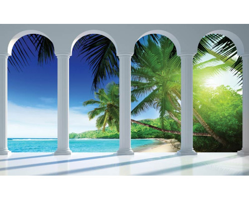 Fotobehang van een 3D uitzicht op palmbomen en strand met pilaren, voor een tropische sfeer.