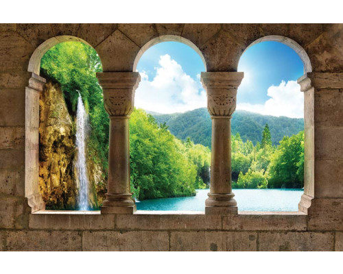 Fotobehang van een 3D uitzicht op een waterval, met een serene landschapsweergave.