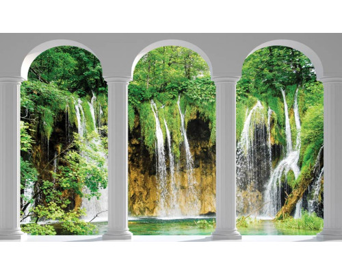 Fotobehang van een 3D uitzicht op watervallen met pilaren, in een dramatische landschapssetting.