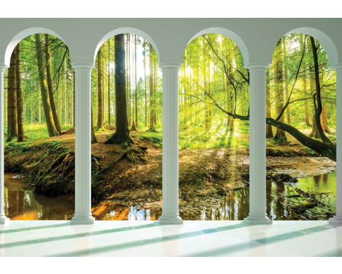 Fotobehang van een 3D-zicht op een zonnig bos, met grote pilaren en natuur.