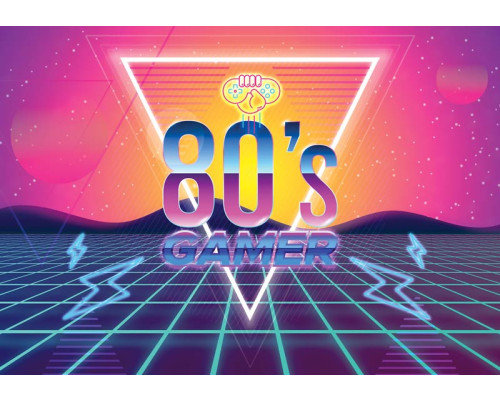 Retro 80's gaming-stijl met kleurrijke arcade-elementen en neonaccenten, perfect voor nostalgische gamers.