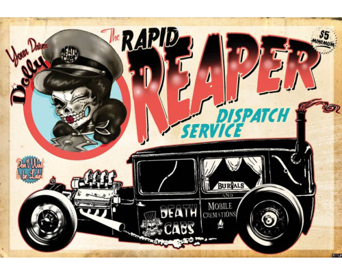 Vintage taxi en schedels, fotobehang met een rock en roll thema voor een donkere en mysterieuze sfeer.