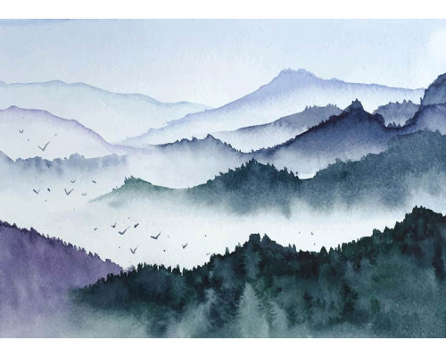 Fotobehang Aquarel Bergen in Mist