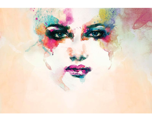 Aquarel gezicht op een fotobehang, abstract kunstwerk met kleurrijke verf en hoofdafbeelding.