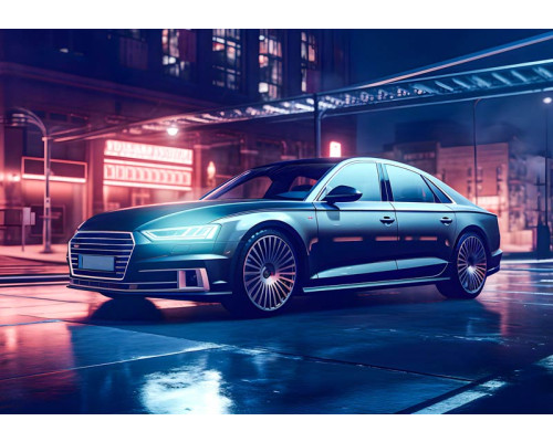 Audi in een neonstijl, afgebeeld op een spannend fotobehang voor autoliefhebbers.
