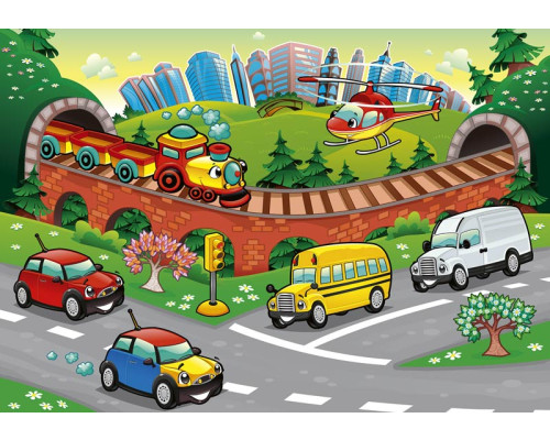 Fotobehang van kleurrijke auto's, ontworpen voor kinderen.