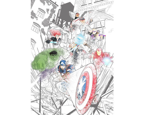 Avengers fotobehang met een epische aanvalsscène, actie en avontuur.
