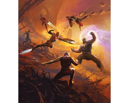 Fotobehang Avengers epic battle met Titan uit het Marvel-universum.