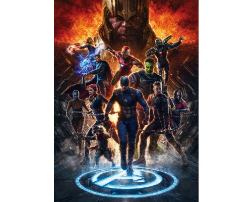 Fotobehang Avengers vs Thanos uit het Marvel-universum, kleurrijke actie-scène.