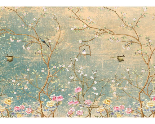 Fotobehang Bloemen en Vogels op Grunge Muur