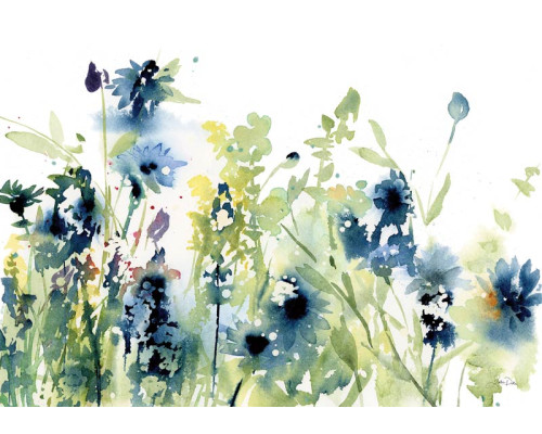Fotobehang met turquoise bloemen in waterverf en aquarelstijl op een witte achtergrond.