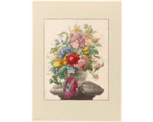 Fotobehang van bloemen in glazen vaas met een vlinder door Herman Henstenburgh, Rijksmuseum.