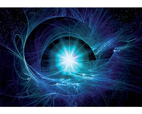 Blauwe supernova met sterren en planeten in het universum, vastgelegd op dit fotobehang met een diepblauwe kosmos.