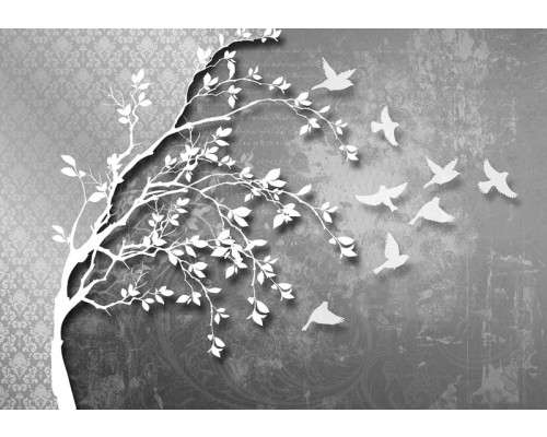 Zilveren vogels in de lucht, abstract en luxe fotobehang met een stijlvolle en moderne uitstraling.