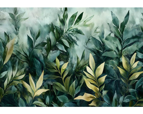 Fotobehang met een botanisch bladerpatroon in aquarelstijl met groene en beige tinten op een groene achtergrond.