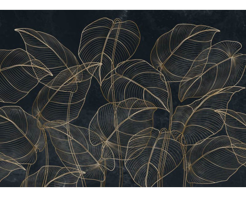 Een fotobehang met botanische bladeren en gouden accenten, waarin tropische bladeren worden gecombineerd met verfijnde gouddetails voor een luxe uitstraling.
