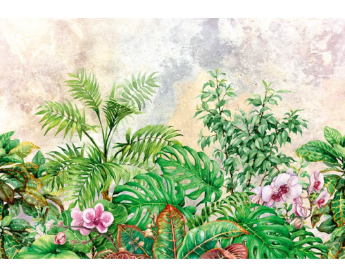 Fotobehang met jungle planten en bladeren in een botanische stijl, frisse groene kleuren voor een levendige ruimte.