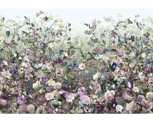 Een botanische tuin met bloemen en planten, weergegeven in een abstract fotobehang voor een natuurlijke uitstraling.