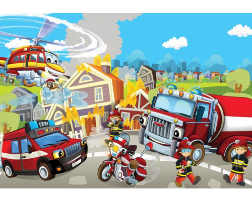 Fotobehang van brandweerauto's en voertuigen, perfect voor kinderkamers.