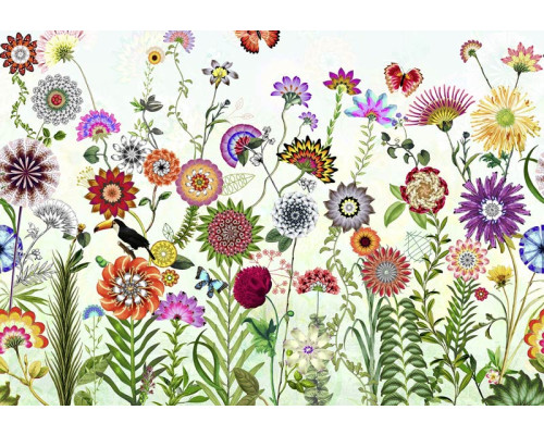 Een levendig abstract ontwerp van Braziliaanse bloemen, perfect voor een kleurrijk en exotisch interieur.