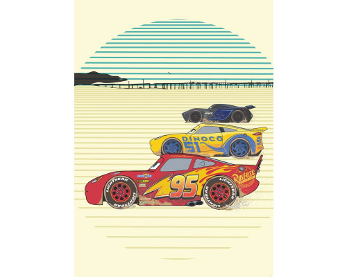 Cars Stream Lines fotobehang met Lightning McQueen die in volle snelheid door een gestroomlijnde racebaan rijdt, met dynamische strepen op de achtergrond.