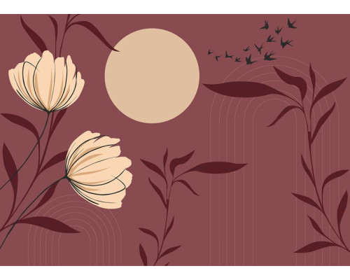 Een fotobehang met een Chinese tuin, waarin een sierlijke bloem, exotische planten en elegante vogels op een warme bruine achtergrond samenkomen voor een harmonieuze uitstraling.