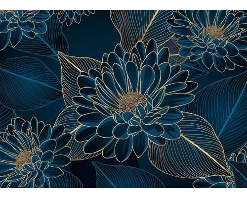 Een fotobehang met chrysanten bloemenpracht, waarin sierlijke gouden chrysanten op een diepgroene achtergrond zorgen voor een luxueuze en elegante uitstraling.