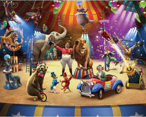 Circus artiesten fotobehang, speciaal ontworpen voor de kinderkamer met vrolijke en kleurrijke karakters.