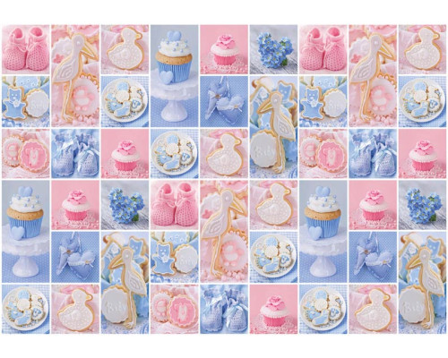 Fotobehang van kleurrijke roze en blauwe cupcakes, geschikt voor babykamers en kinderkamers.