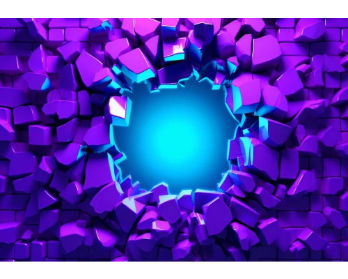 Fotobehang met paarse muurfragmenten die exploderen rond een felblauw lichtpunt in een futuristisch ontwerp.