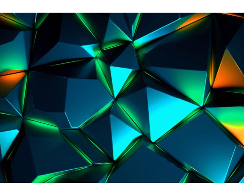 Fotobehang met digitale kristalstructuur in blauw- en groentinten met oranje lichtaccenten in een futuristisch 3D-ontwerp.