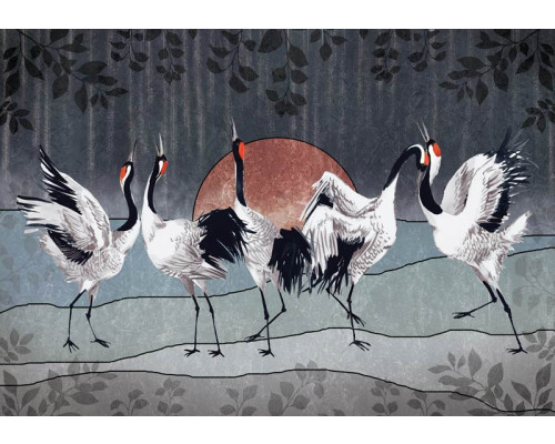 Fotobehang van dansende kraanvogels, weergegeven in een artistieke compositie.