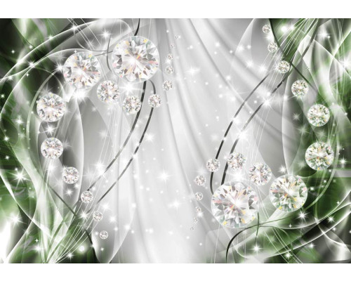 Fotobehang met smaragdgroene en zilveren diamanten, glinsterend en abstract.