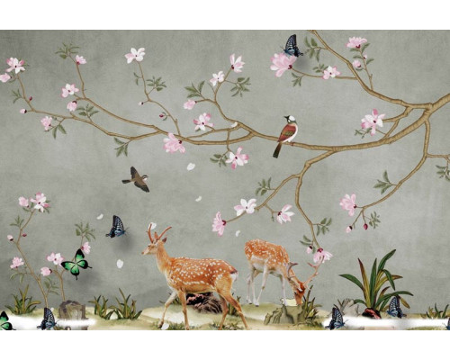 Dieren zoals herten en vlinders die in de lente door een bos vol bloeiende bloemen bewegen, afgebeeld op fotobehang.
