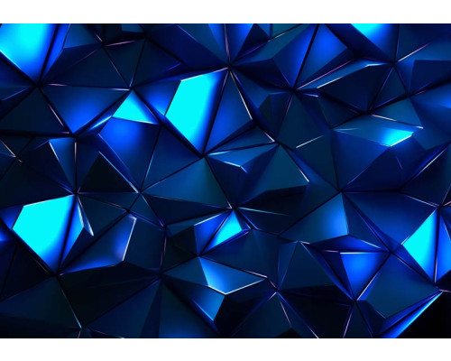 Fotobehang met digitale blauwgekleurde kristalvormen en glanzende lichtreflecties in een futuristisch 3D-ontwerp.