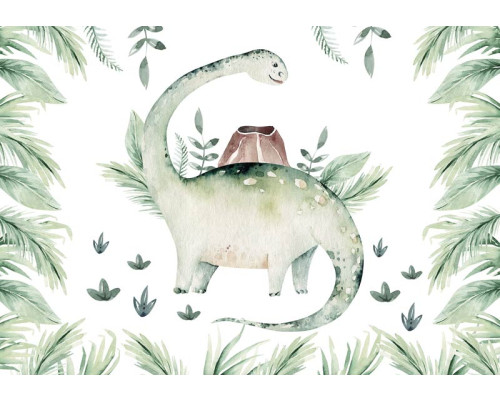 Fotobehang met dinosaurussen en botanische bladeren, perfect voor een avontuurlijke look.